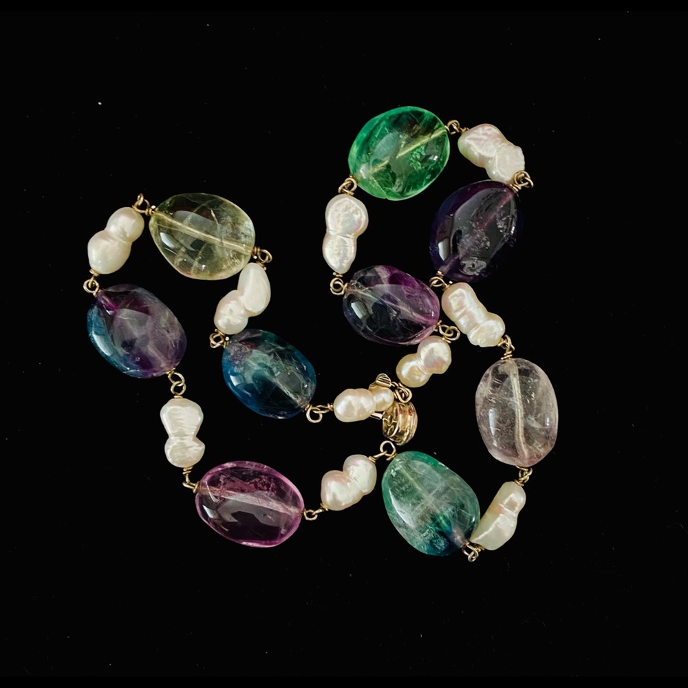 (#78) Fluorite & Siamese Fresh Water Pearl Necklace with 925 Silver Clasp